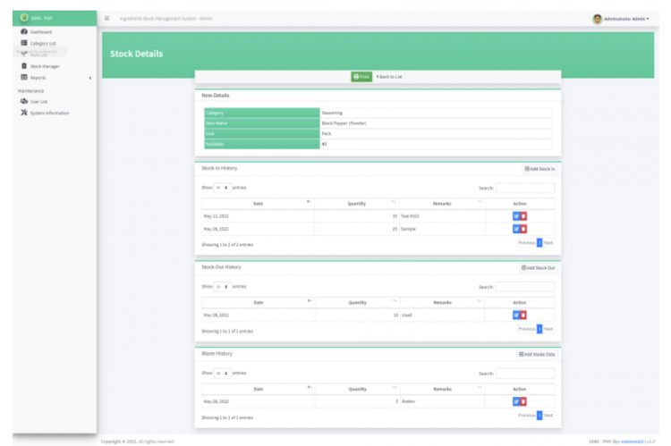 Ingredients Stock Management System in PHP/OOP Free Source Code